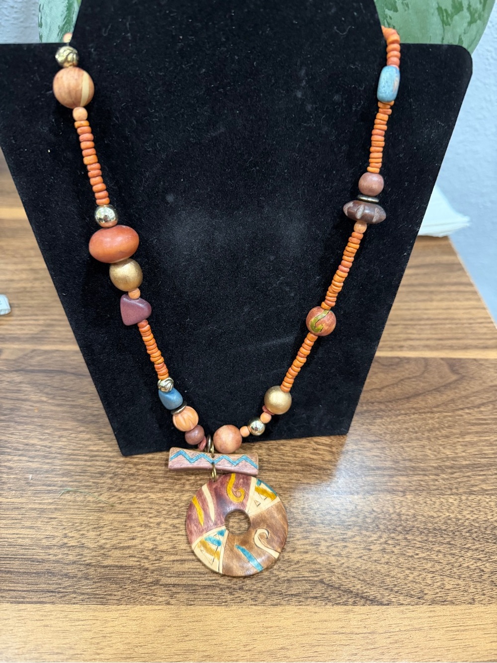 Handcrafted Bohemian Orange Wood Beaded Pendant Necklace (free match bracelet)